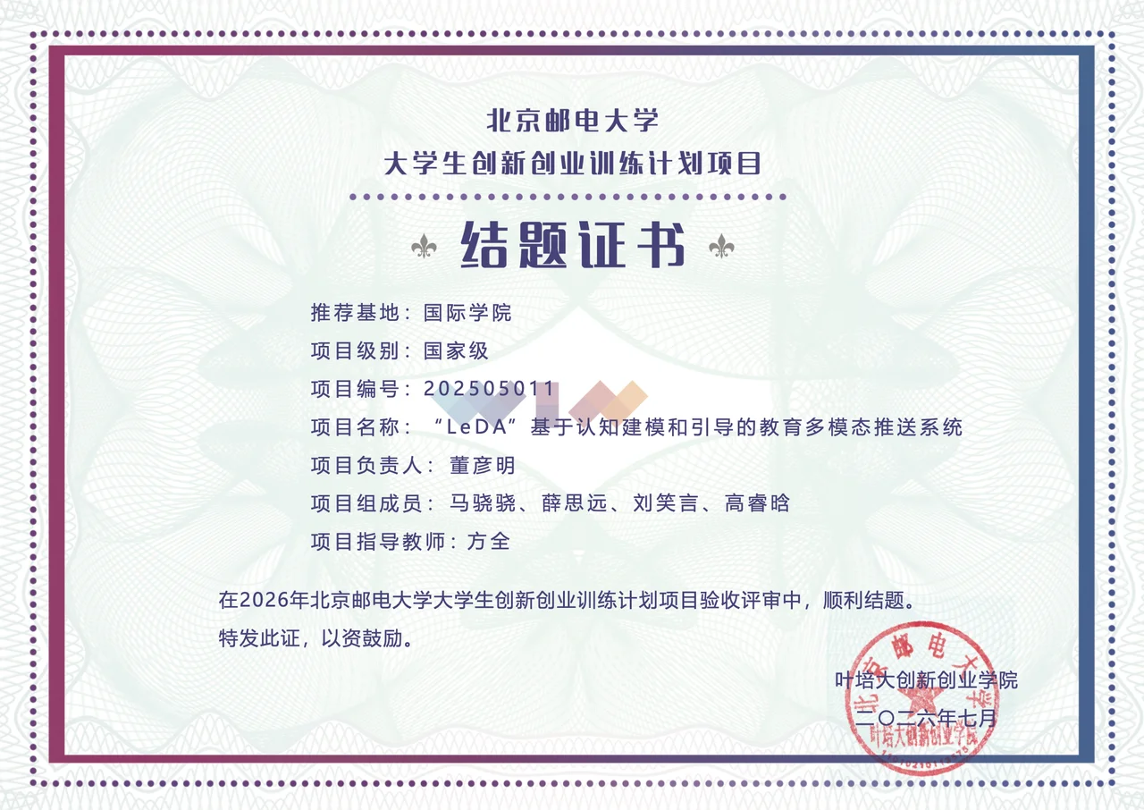 BUPT completion certificate for the national-level LeDA student innovation project, listing Siyuan Xue as a team member