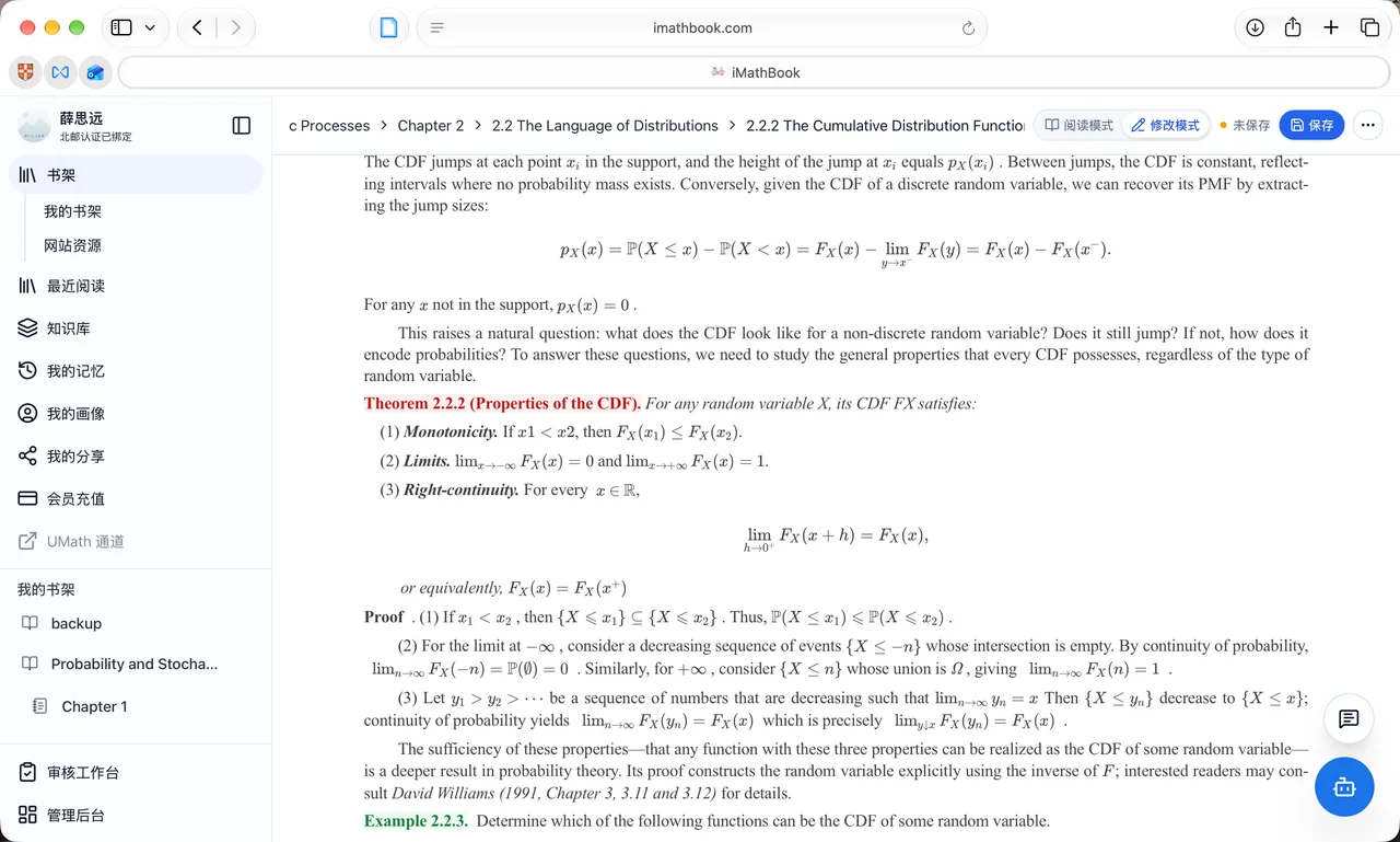 An iMathBook textbook page with a bookshelf and chapter navigation beside theorems, proofs and distribution-function formulas
