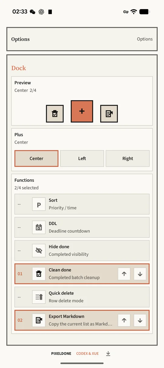 Pixel Done Dock settings showing a shortcut preview, plus button placement, available functions and ordering controls
