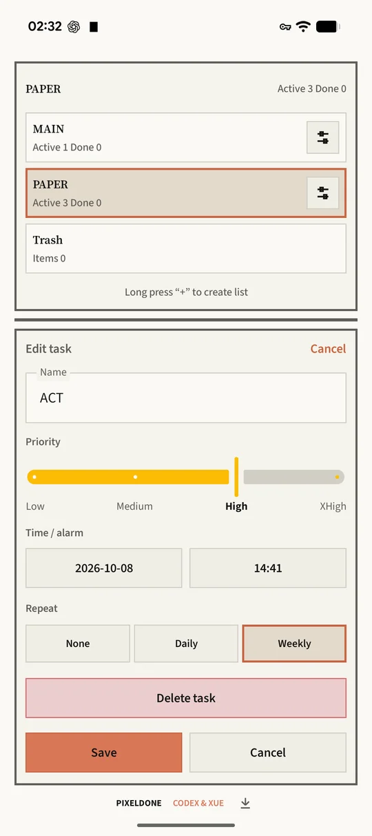 Pixel Done task editor with a name field, priority control, reminder date and time, repeat options and a save button